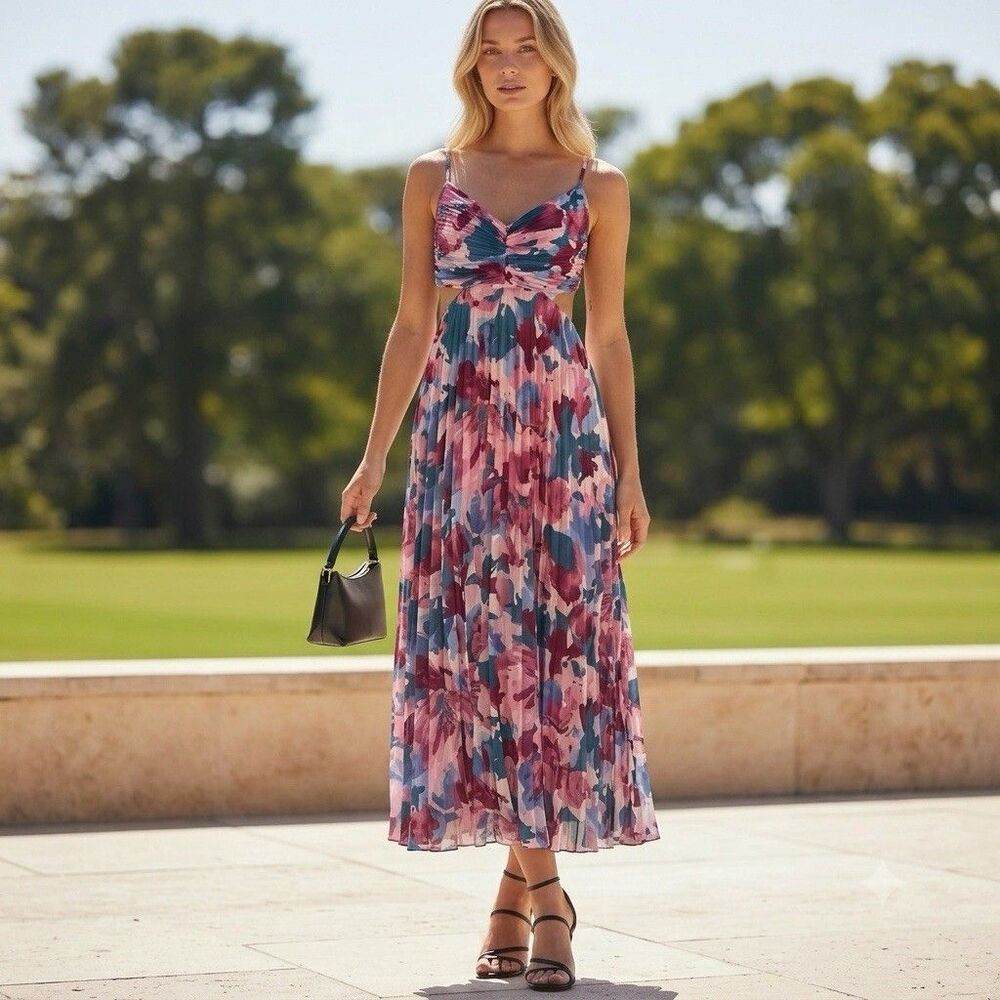 Abercrombie & Fitch Giselle Floral Maxi Dress XL Pink Pleated Resort Costal NWT - Picture 1 of 14